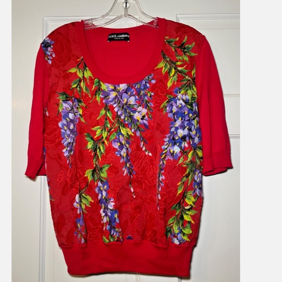 Dolce & Gabbana Short Sleeve Wisteria Floral Crepe and Knit Sweater IT 46 - Picture 1 of 6